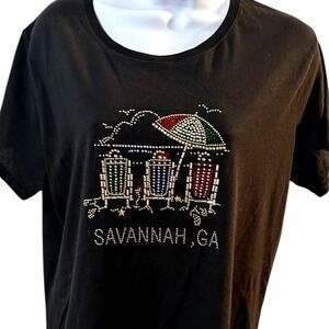 Savannah GA Rhinestone‎ NWOT Graphic T Shirt Black Cotton Blend Womens L